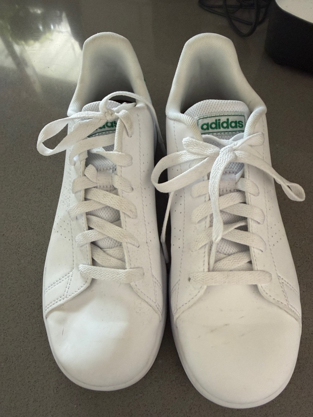 adidas White Sneakers with Green Tongue Logo